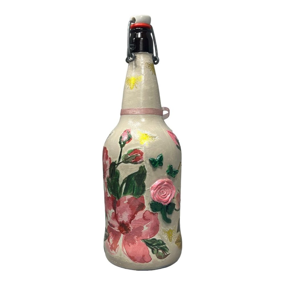 Hand Painted, Decoupaged and Clay Molded Flip Top Glass Bottle Vintage 3D Roses - Picture 7 of 15